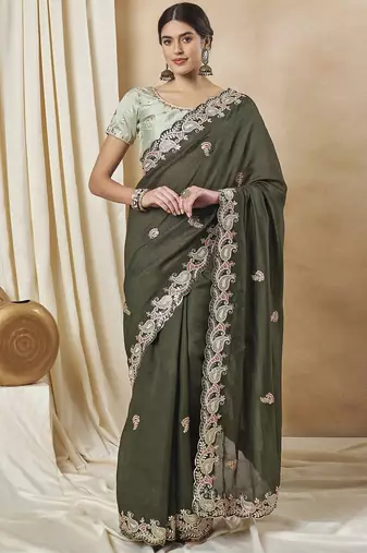 Olive embellished saree with matching blouse