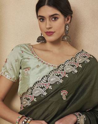 Olive embellished saree with matching blouse 5