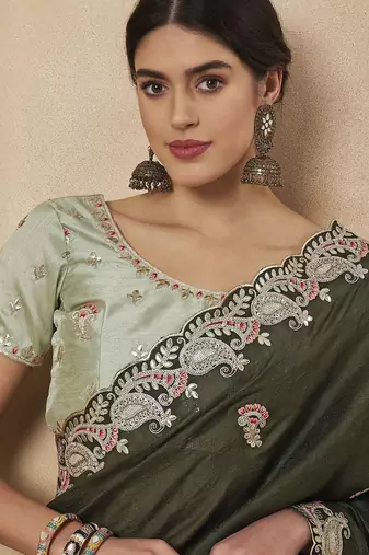 Olive embellished saree with matching blouse