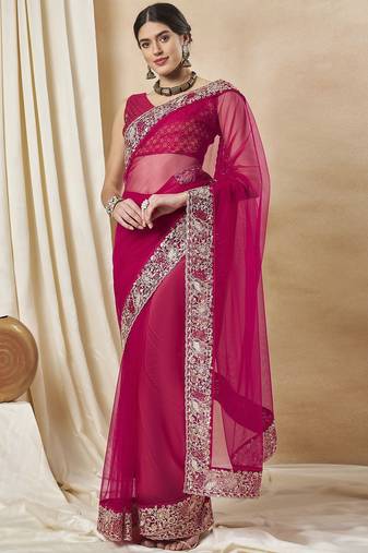 Pink embellished saree with matching blouse