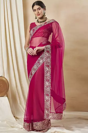 Pink embellished saree with matching blouse