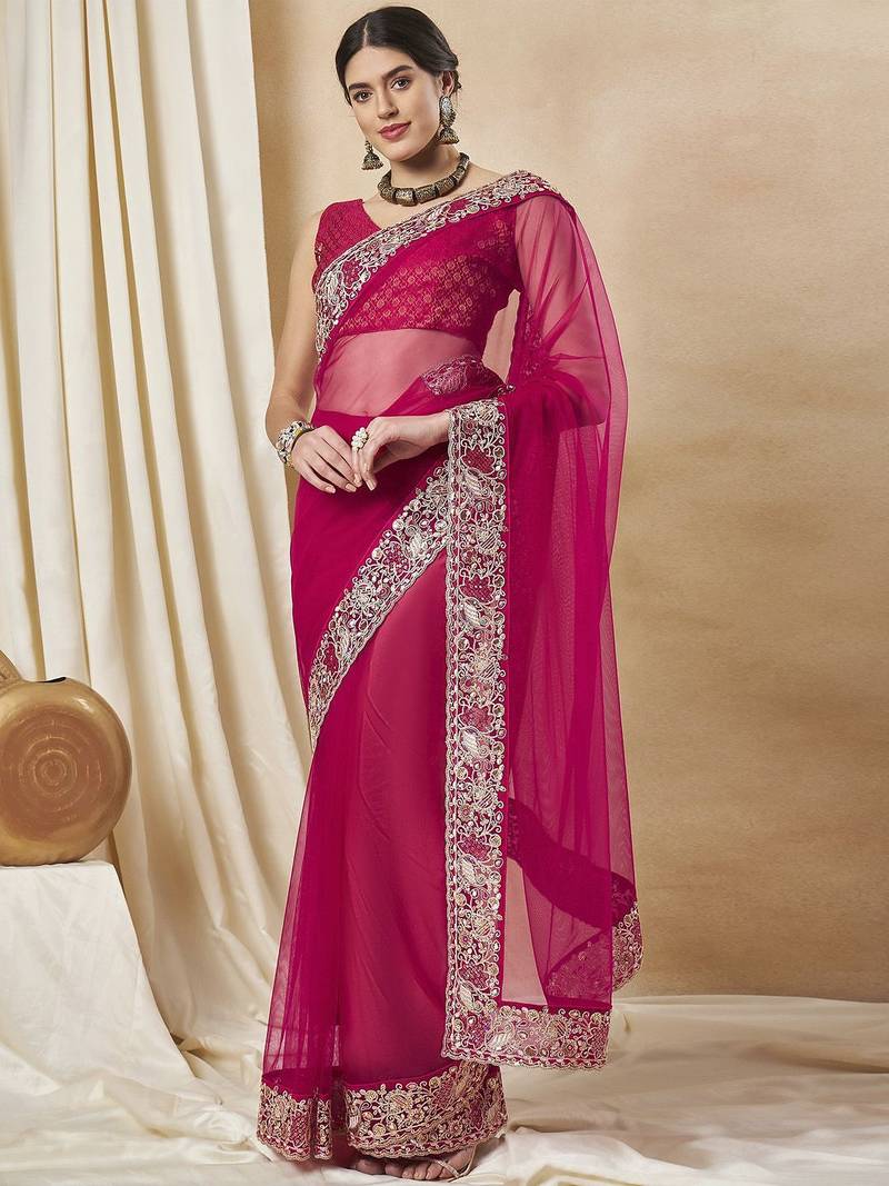 Pink embellished saree with matching blouse