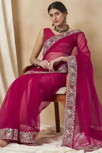 Pink embellished saree with matching blouse