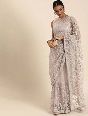 Off white off white floral beads and stones net saree 1