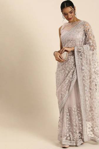 Off white off white floral beads and stones net saree