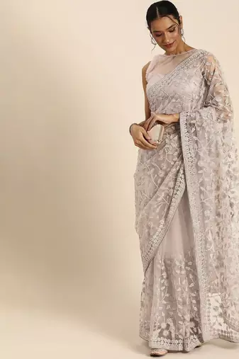 Off white off white floral beads and stones net saree