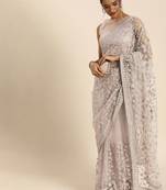 Off white off white floral beads and stones net saree