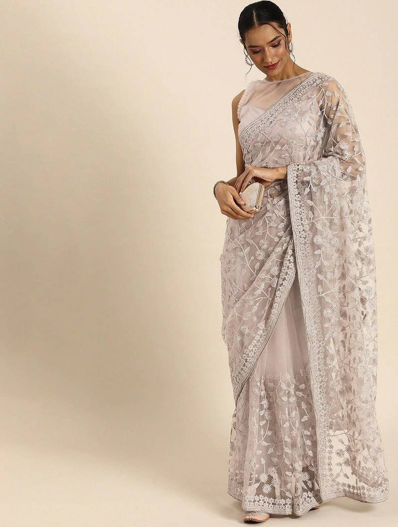 Off white off white floral beads and stones net saree