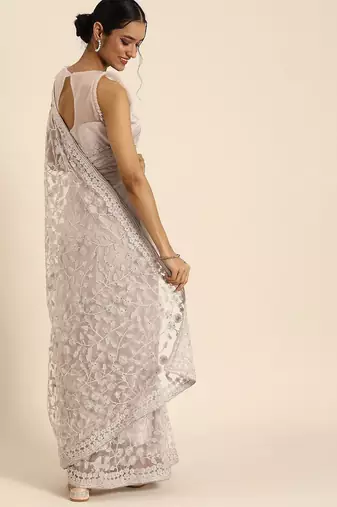 Off white off white floral beads and stones net saree
