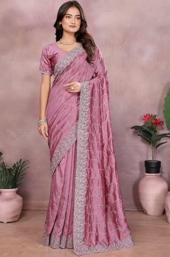 Pink embroidered saree with matching blouse piece