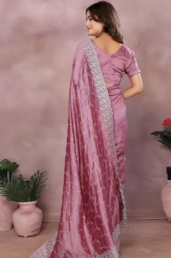 Pink embroidered saree with matching blouse piece