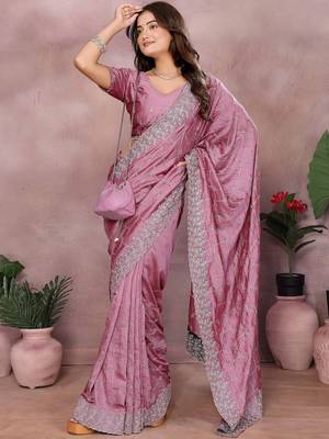 Pink embroidered saree with matching blouse piece 4