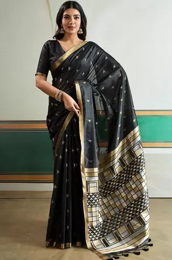 Black ethnic motifs silk blend designer banarasi saree