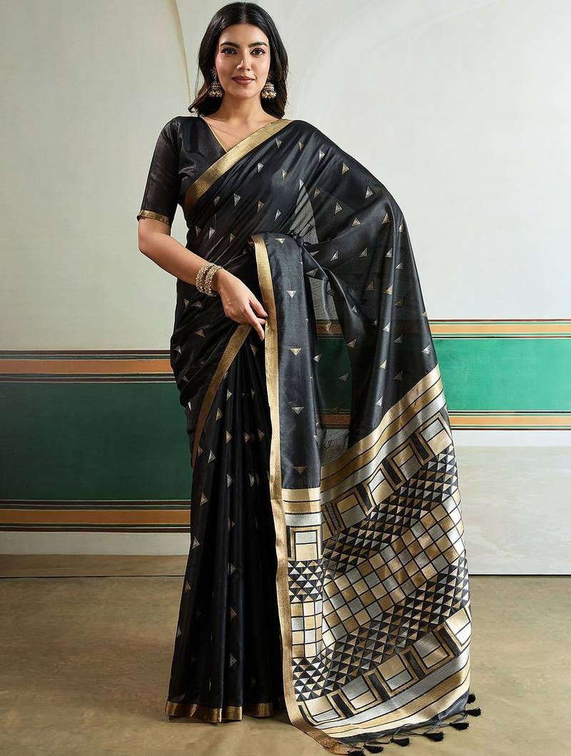 Black ethnic motifs silk blend designer banarasi saree