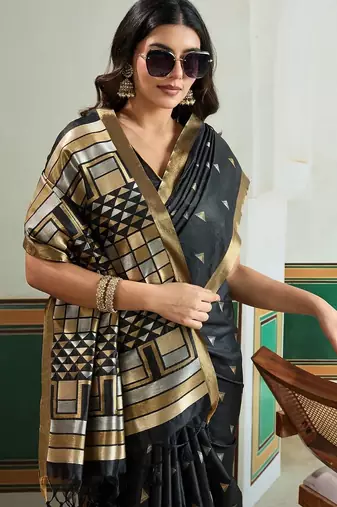 Black ethnic motifs silk blend designer banarasi saree