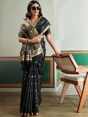 Black ethnic motifs silk blend designer banarasi saree 5
