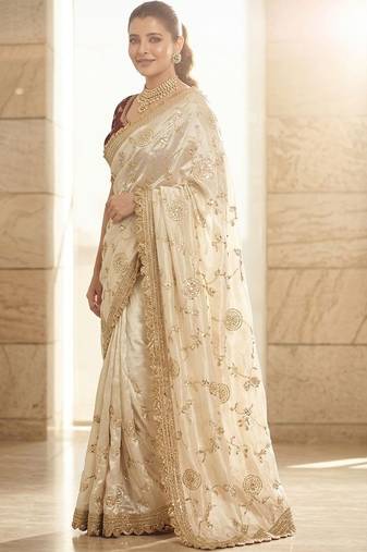 White embroidered sarees with blouse piece