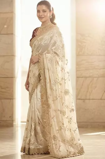 White embroidered sarees with blouse piece
