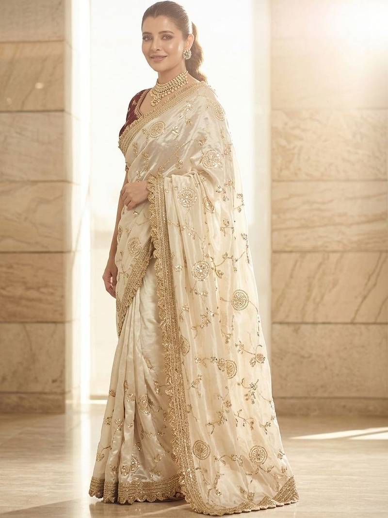 White embroidered sarees with blouse piece