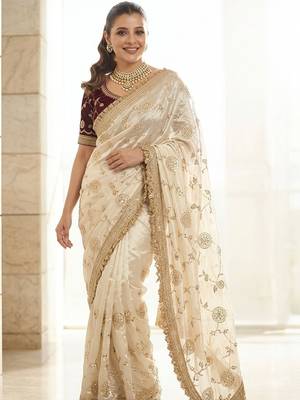 White embroidered sarees with blouse piece 2
