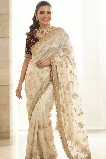 White embroidered sarees with blouse piece