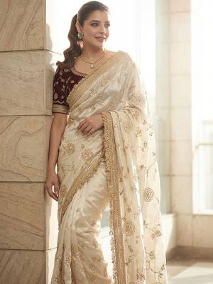 White embroidered sarees with blouse piece 3