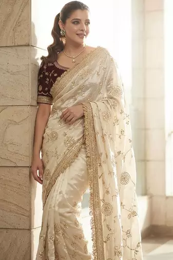 White embroidered sarees with blouse piece