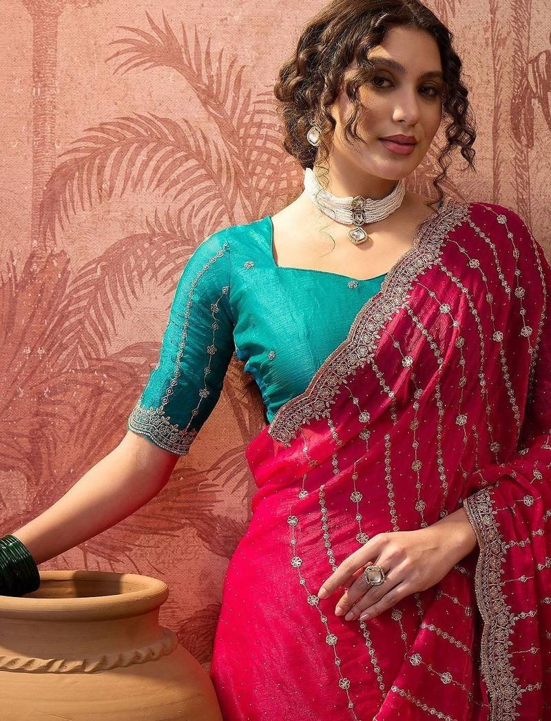 Pink pink chiffon fancy party wear 2026 sarees
