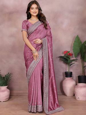 Pink embroidered saree with matching blouse piece 1