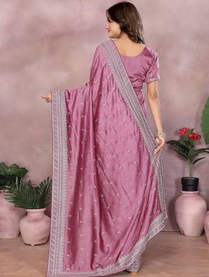 Pink embroidered saree with matching blouse piece 2