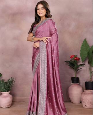 Pink embroidered saree with matching blouse piece 3