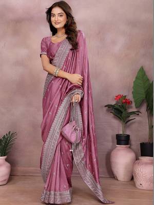 Pink embroidered saree with matching blouse piece 4