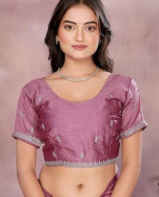 Pink embroidered saree with matching blouse piece 5