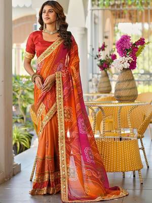 Red printed lace border bandhani sarees with contrast blouse piece 1