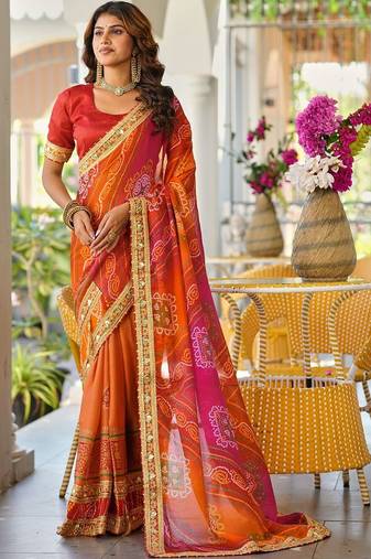 Red printed lace border bandhani sarees with contrast blouse piece