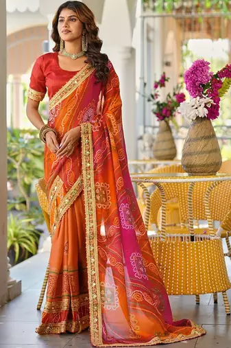 Red printed lace border bandhani sarees with contrast blouse piece