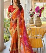 Red printed lace border bandhani sarees with contrast blouse piece