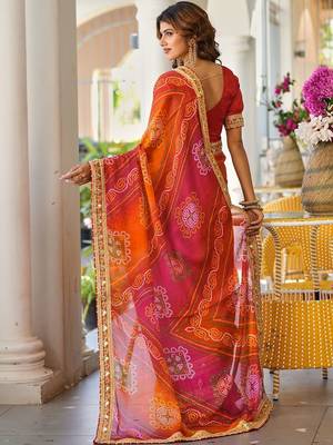 Red printed lace border bandhani sarees with contrast blouse piece 2