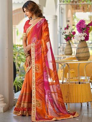 Red printed lace border bandhani sarees with contrast blouse piece 3