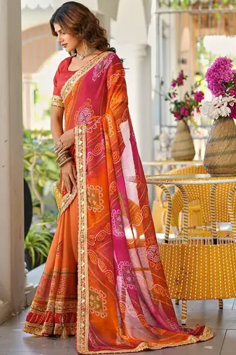 Red printed lace border bandhani sarees with contrast blouse piece