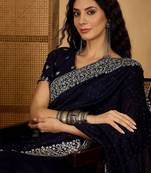 Navy blue embellished embroidered border sequinned saree with unstitched blouse