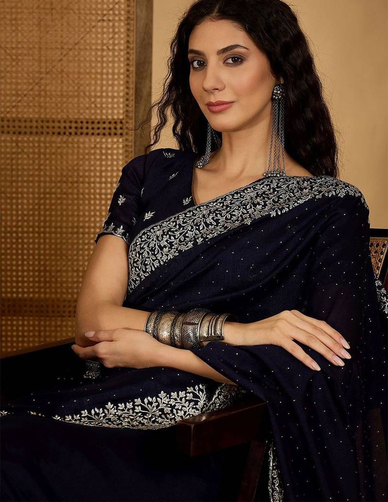 Navy blue embellished embroidered border sequinned saree with unstitched blouse