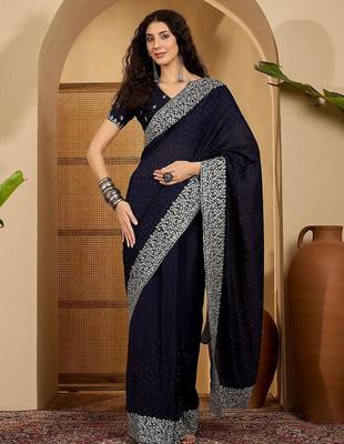 Navy blue embellished embroidered border sequinned saree with unstitched blouse 2