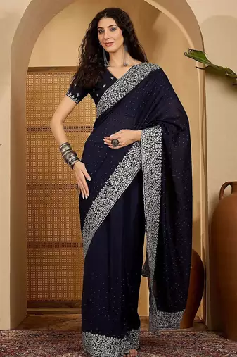 Navy blue embellished embroidered border sequinned saree with unstitched blouse