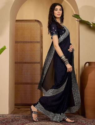 Navy blue embellished embroidered border sequinned saree with unstitched blouse 3