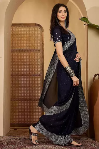 Navy blue embellished embroidered border sequinned saree with unstitched blouse