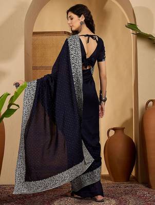 Navy blue embellished embroidered border sequinned saree with unstitched blouse 4