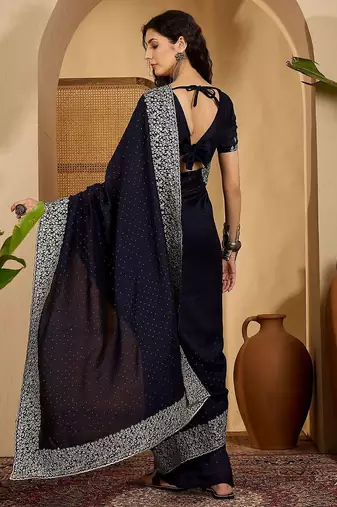 Navy blue embellished embroidered border sequinned saree with unstitched blouse