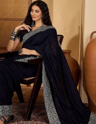 Navy blue embellished embroidered border sequinned saree with unstitched blouse 5