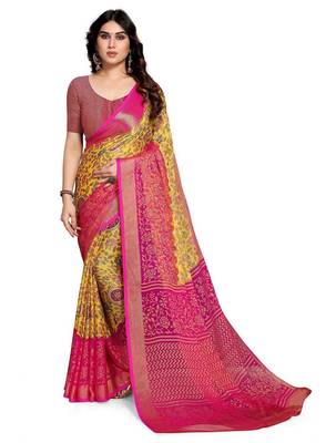 Yellow printed saree with unstitched blouse 1